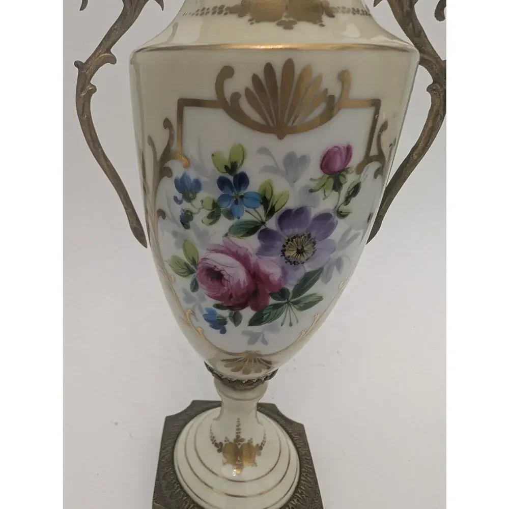French Sèvres Style Porcelain Covered Urn Hand Painted Floral Vase 12.25
